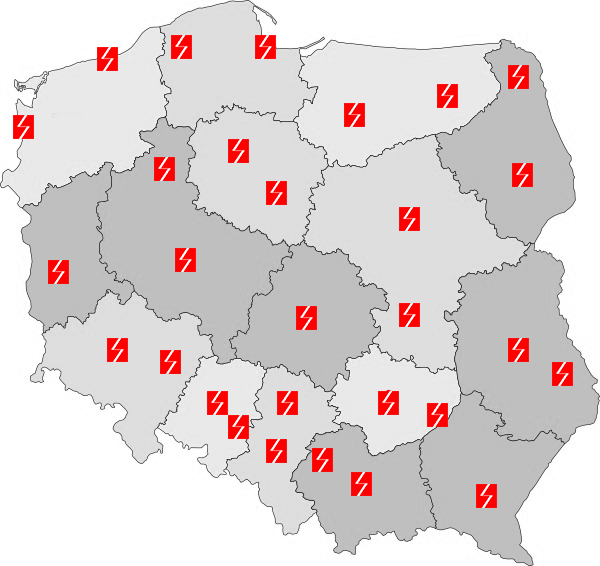 Mapa naszych elektryków dokonujących montażu agregatów prądotwórczych w całej Polsce